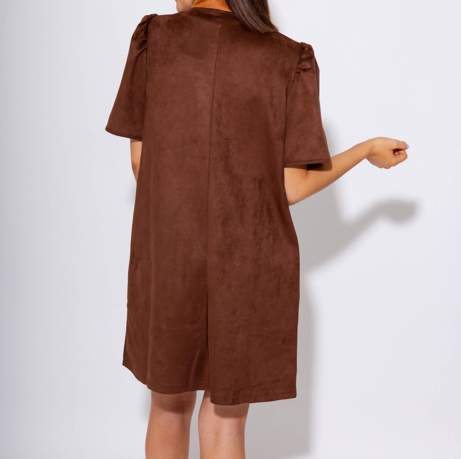 THML The Braided Button Suede Mini Dress in brown - women's dress - view 5