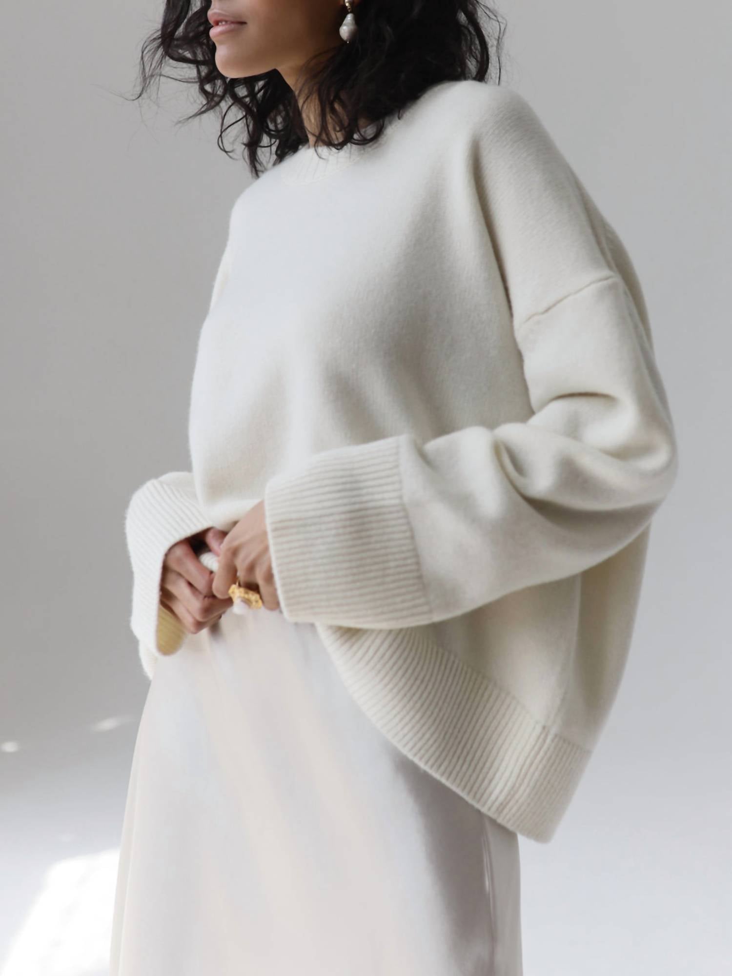 Rosa Clothing Soft Oversized Crew Neck Sweater in white - women's sweater - detail view