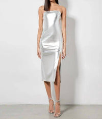 Alice + Olivia - Kelly Shiny Vegan Leather Hi Slit Midi Dress