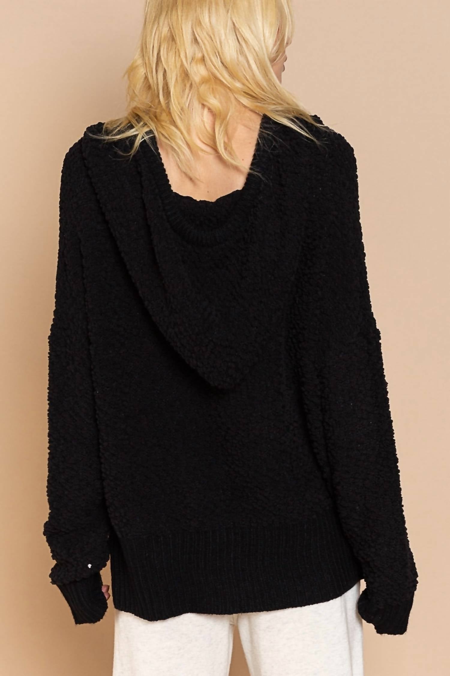 POL Textured Knit Hoodie in black - women's top - view 4