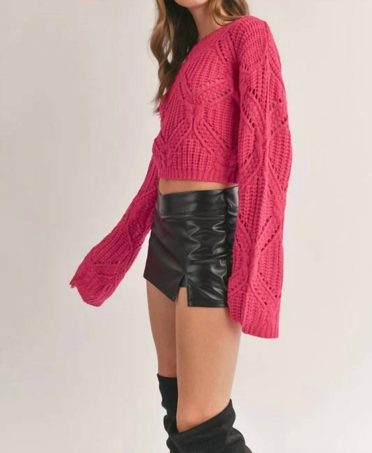 Klesis - Crewneck Balloon Sleeve Cropped Knit Sweater