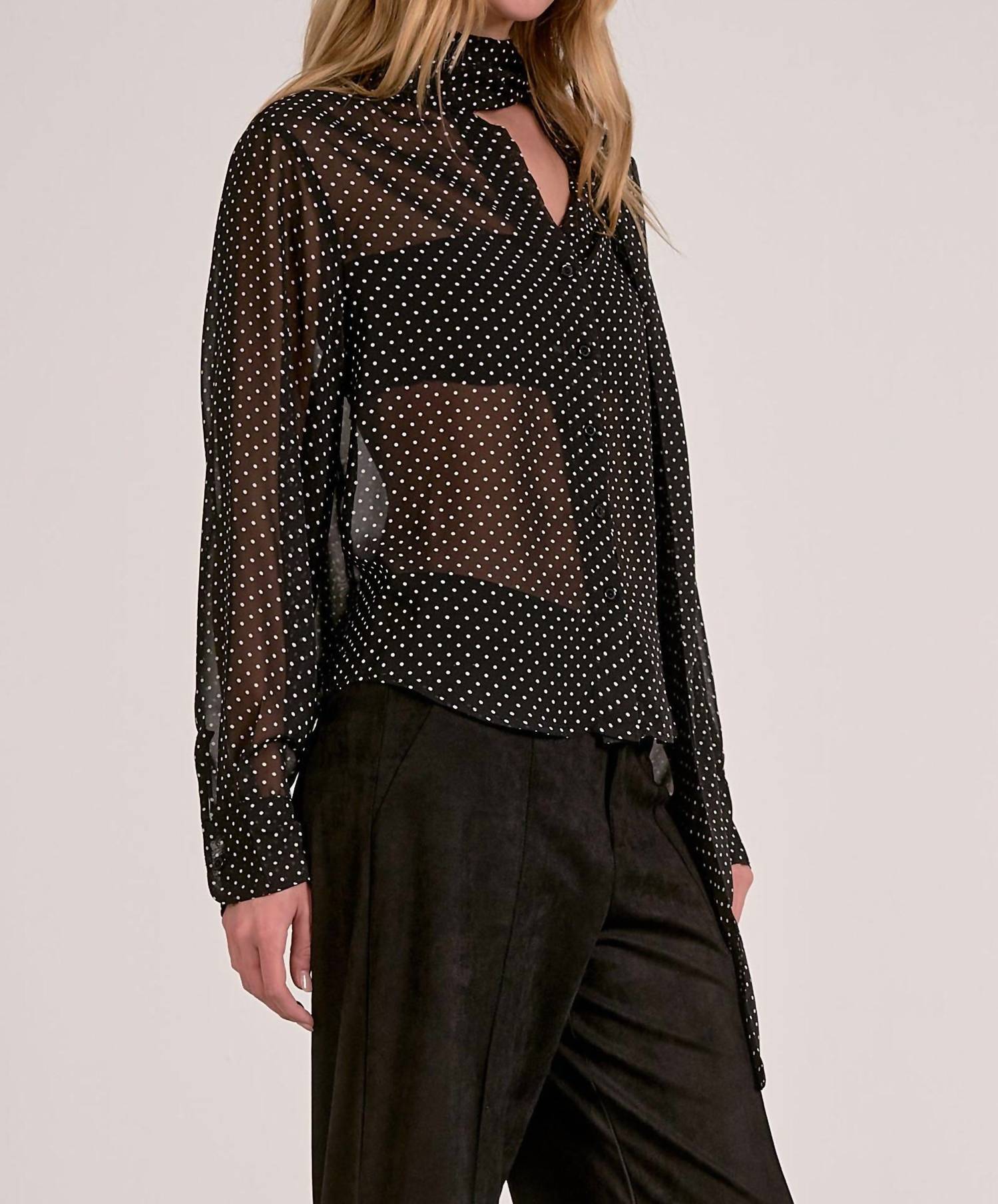 Elan - Polka Dot Bow Tie Blouse Top