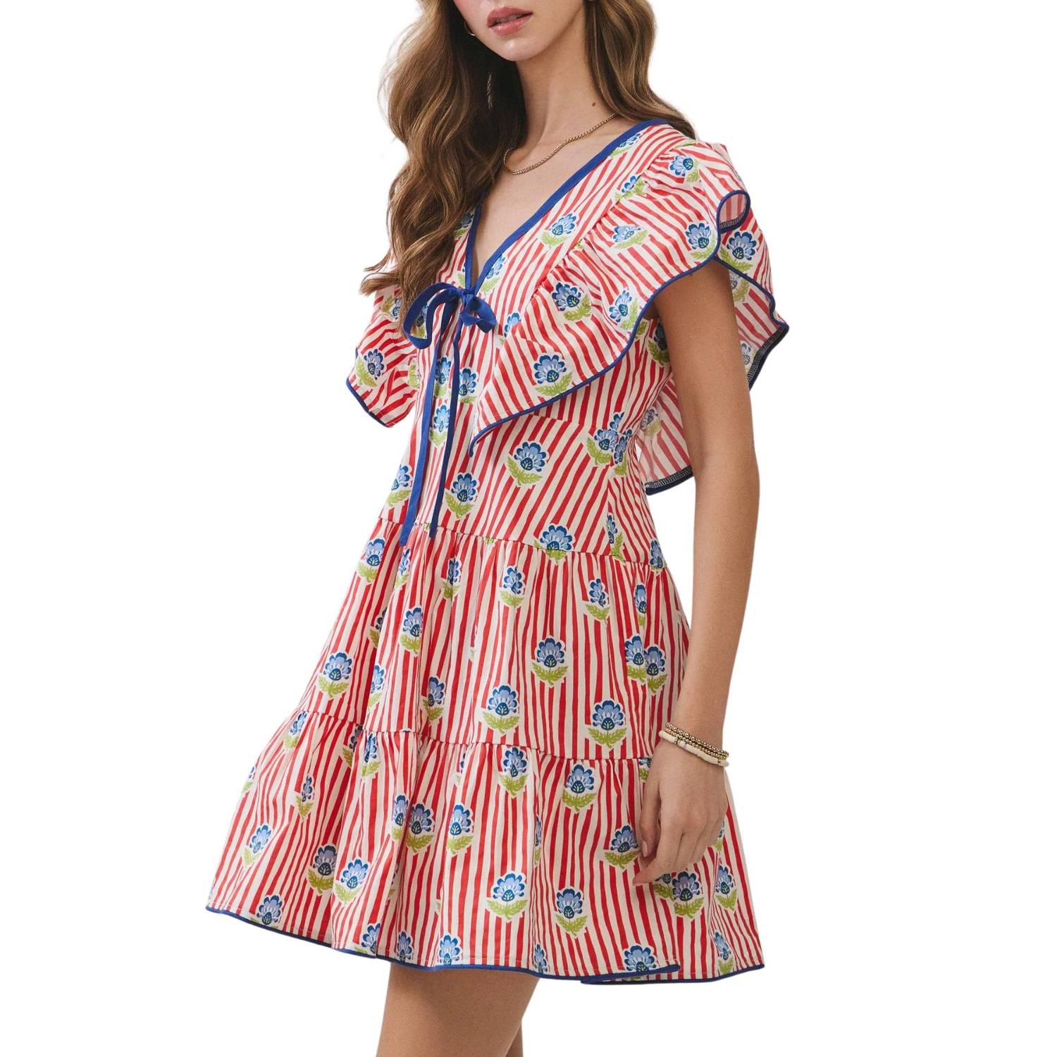 Tcec - Stripe Floral Print Ruffle Mini Dress