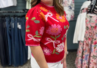 THML Short Sleeve Floral Detail Knit Top in red - women's blouse - detail view