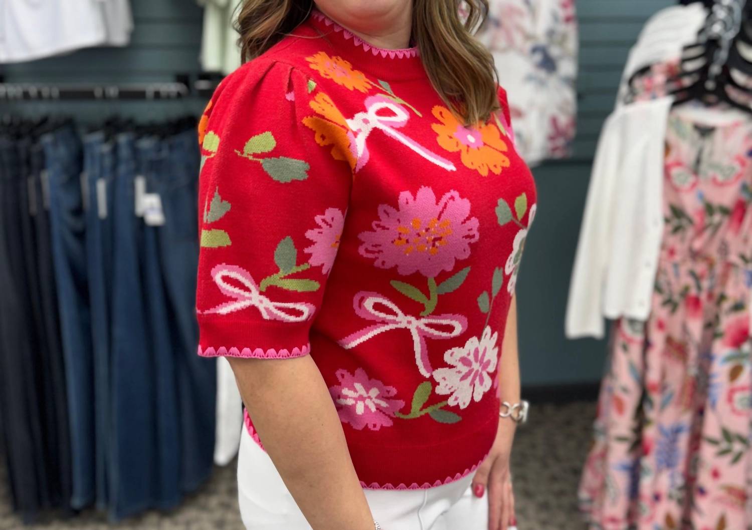THML Short Sleeve Floral Detail Knit Top in red - women's blouse - detail view