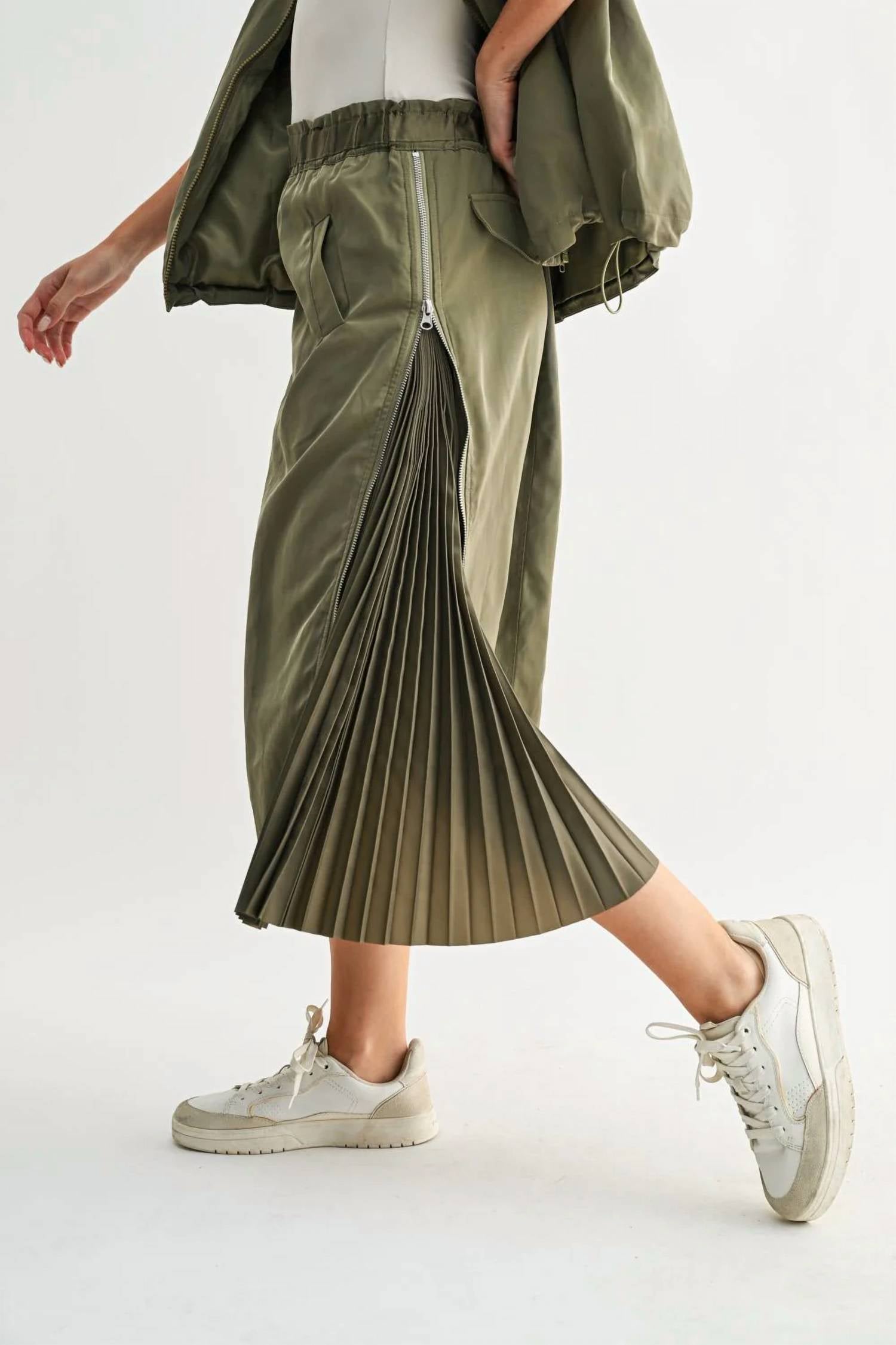 Joh Jelani Skirt With Pleated Zipper Sides in olive - women's skirt - alternate view