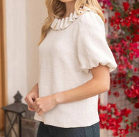 Voy - Pearled Ruffle Neckline Top