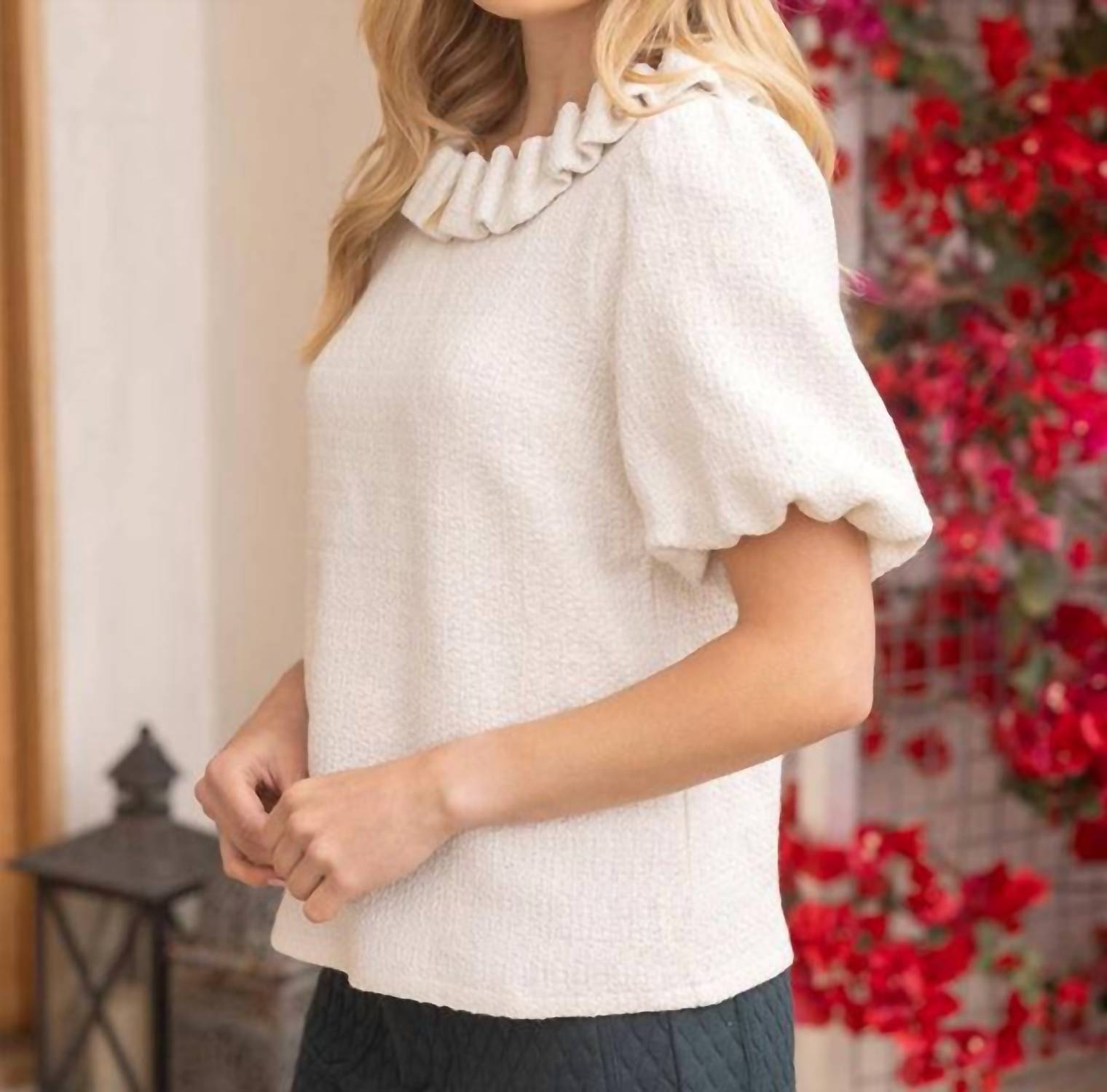 Voy - Pearled Ruffle Neckline Top
