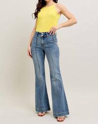 Judy Blue High Waist Double Button Trouser Flare Jeans in medium blue - women's jeans - view 5