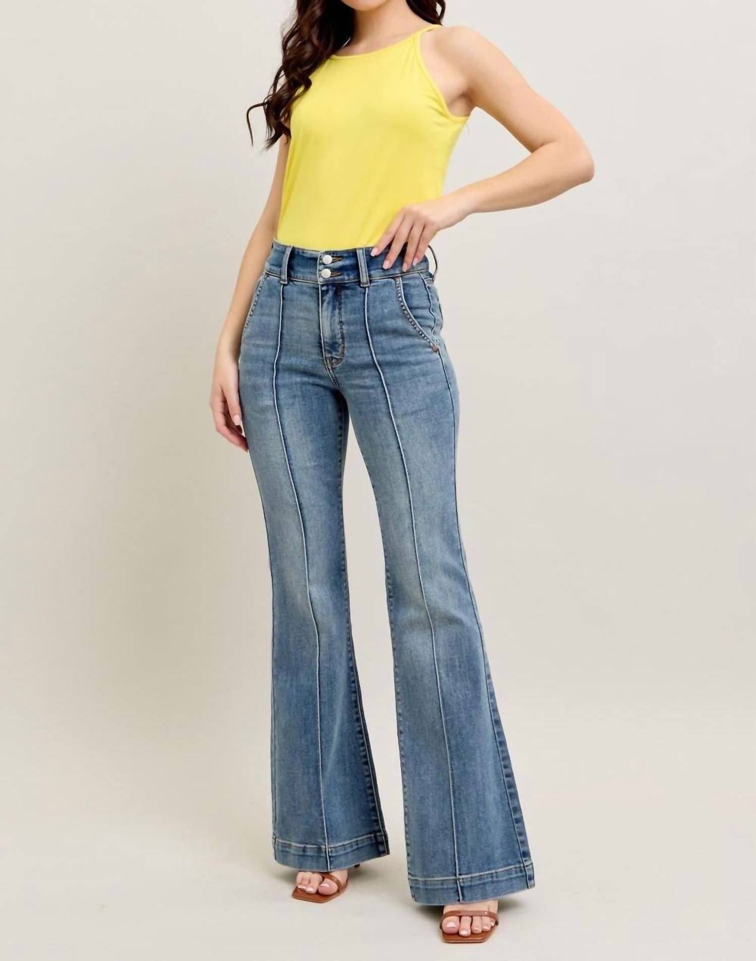 Judy Blue High Waist Double Button Trouser Flare Jeans in medium blue - women's jeans - view 5