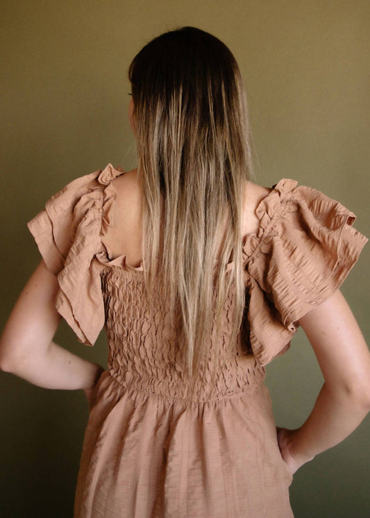 Miou Muse - Ruffled Sleeve Seersucker Midi Dress