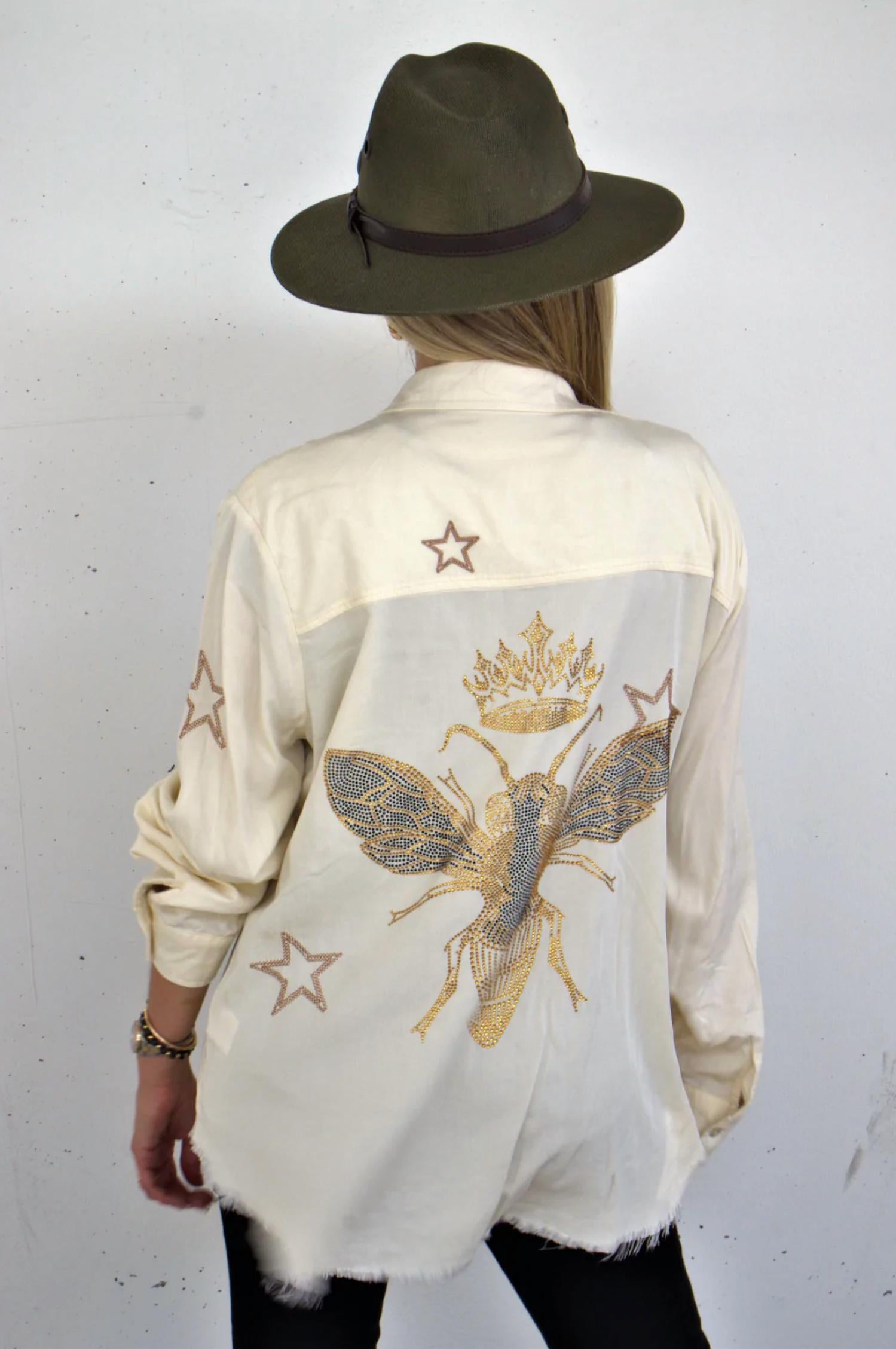 Queen Bee in Gold Embroidered Shirt