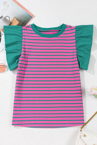 1 The Woman - Stripe Colorblock Ruffled Sleeve Crew Neck Blouse