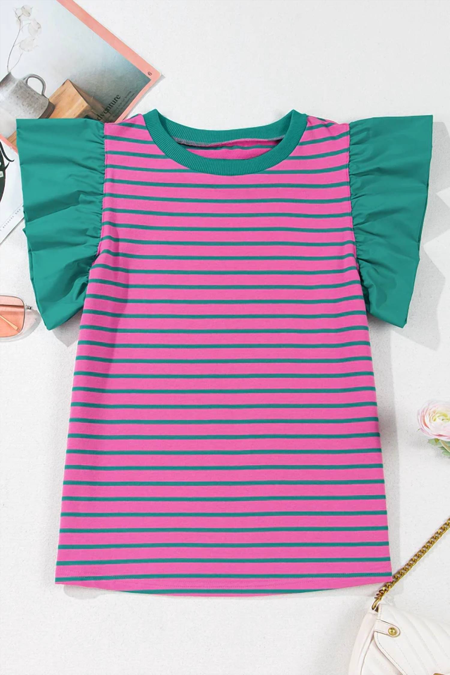 1 The Woman - Stripe Colorblock Ruffled Sleeve Crew Neck Blouse