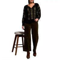 TRIBAL Women's Embroidered Boho Long Sleeve Notch Neck Blouse in black - women's blouse - detail view