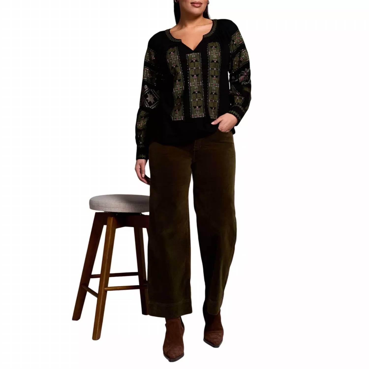 TRIBAL Women's Embroidered Boho Long Sleeve Notch Neck Blouse in black - women's blouse - detail view