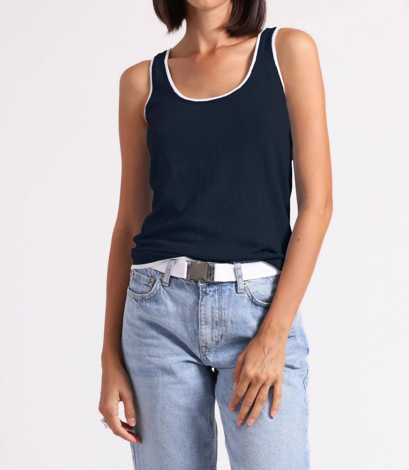 Minnie Rose Scoop Neck Tank Top With Tipping in navy - women's tank top
