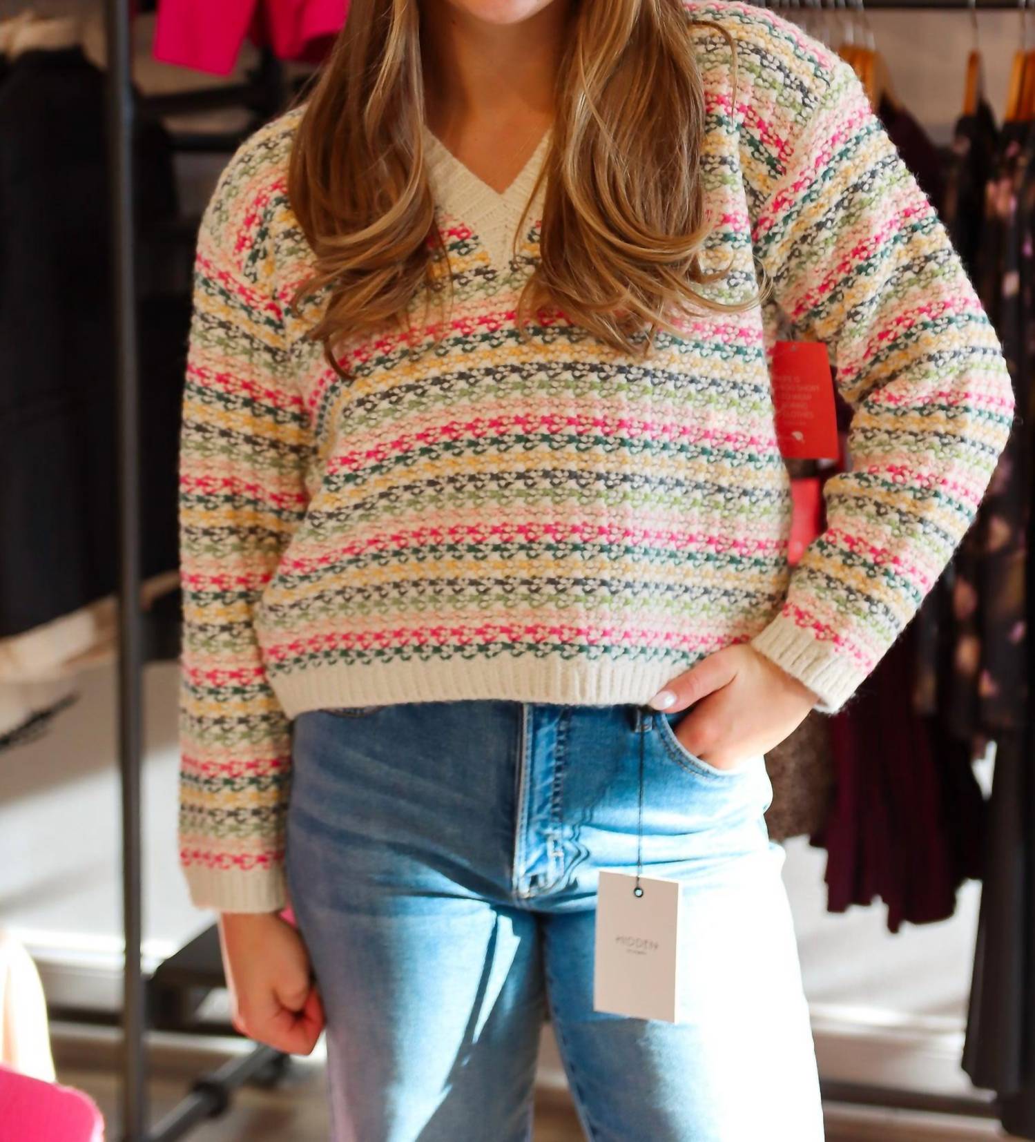 PINCH V-neck Knit Crop Sweater in ivory multi - women's sweater - detail view