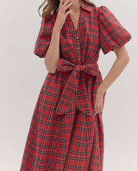 entro Plaid Puff Sleeve Midi Dress in red - women's dress - view 4