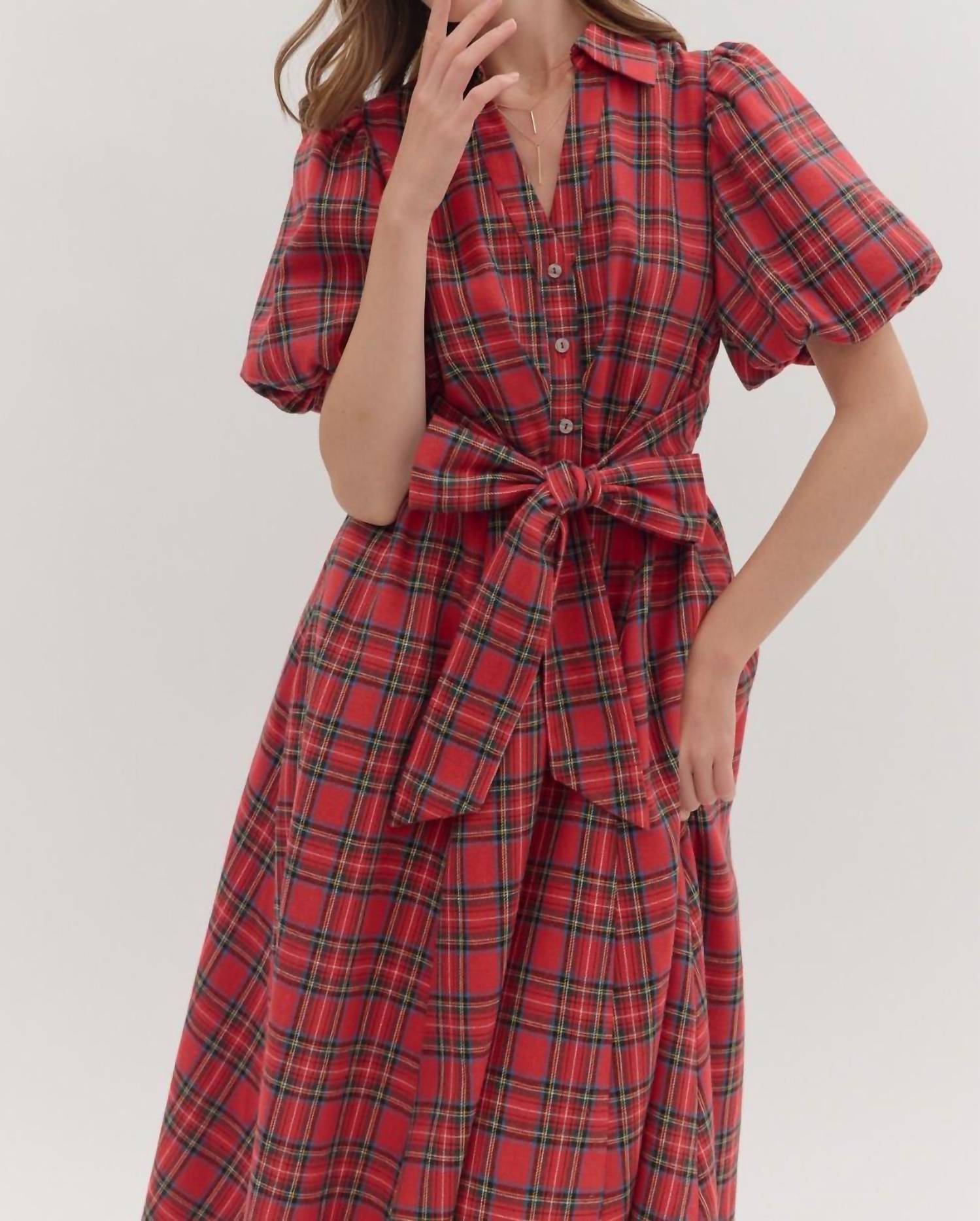 entro Plaid Puff Sleeve Midi Dress in red - women's dress - view 4