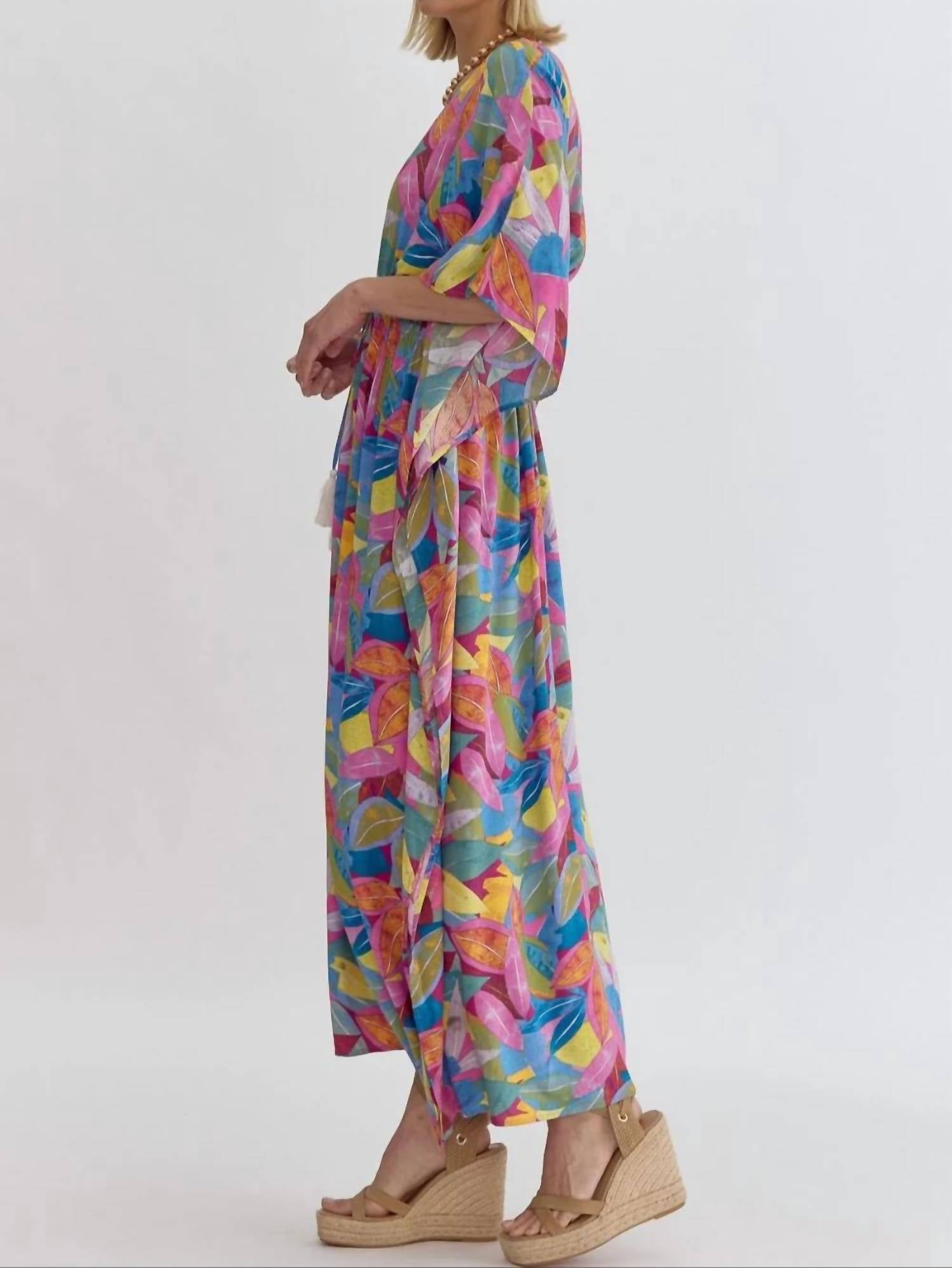 Entro - Colorful Print V-neck Maxi Dress