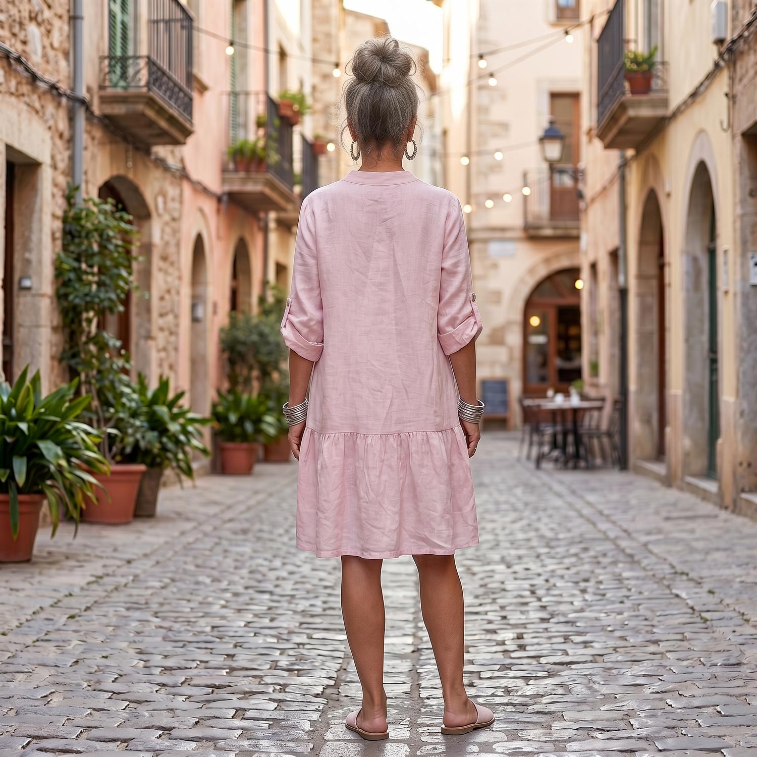 Made in Italy Tiered Linen Dress in italy tiered linen dress in pink - women's dress - detail view