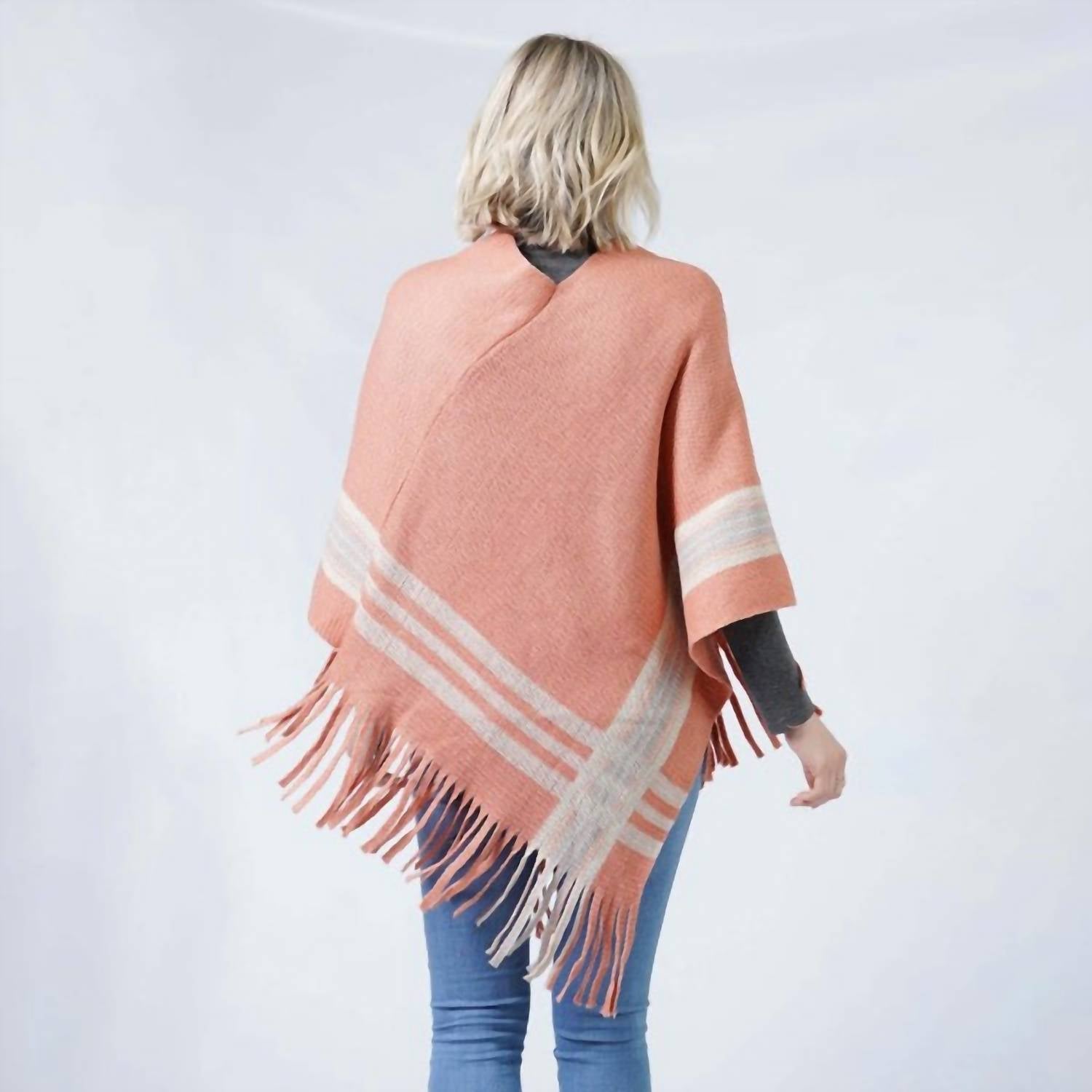 Judson & Co. - Knit Poncho With Contrast Detail And Tassel Fringe