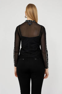 Frank Lyman Helena High Neck Long Sleeve Embellished Pullover in black silver - women's long sleeve top - detail view