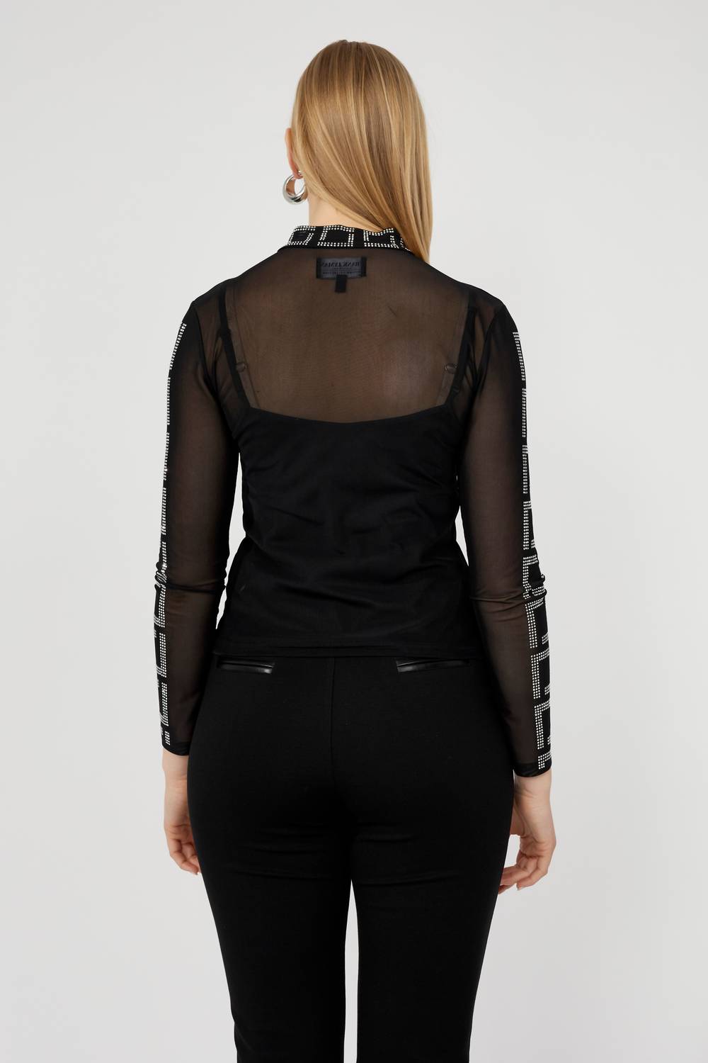 Frank Lyman Helena High Neck Long Sleeve Embellished Pullover in black silver - women's long sleeve top - detail view