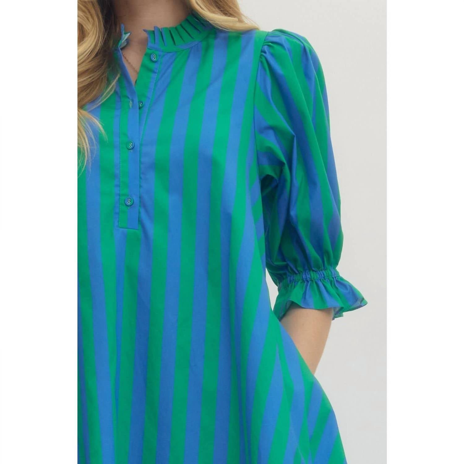 Style USA Striped Puff Sleeve Mini Dress in green - women's dress - view 6