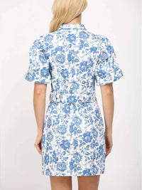 Fate - Puff Sleeve Floral Belted Button-Down Dress