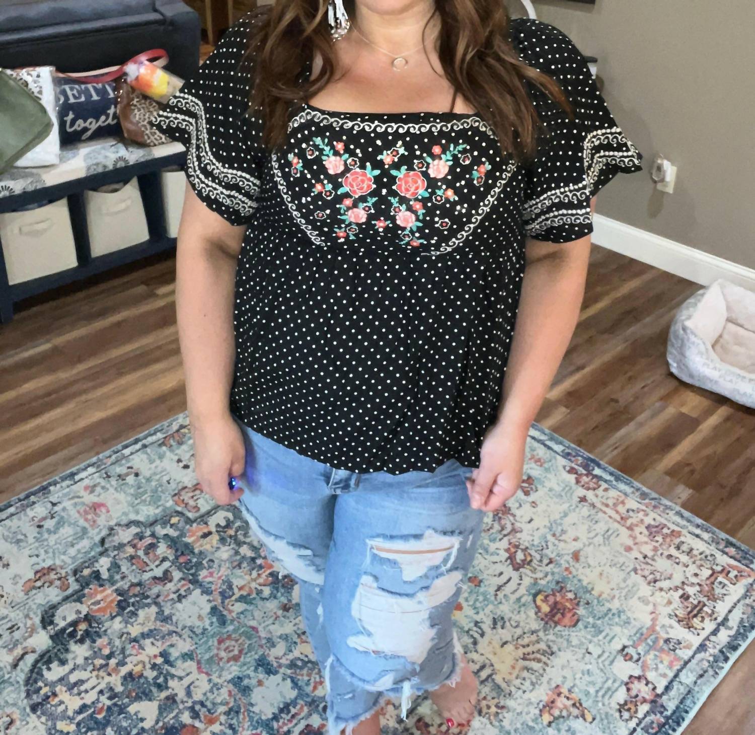 Andree By Unit - Embroidered Polka Dot Top