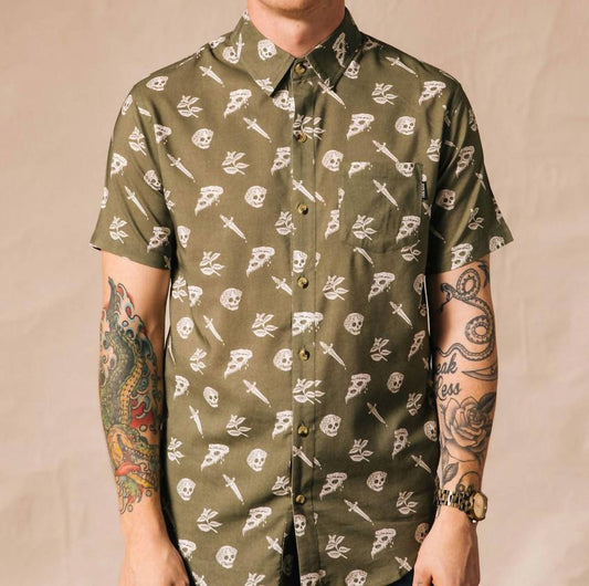 Pyknic - Pizza Slayer Tattoo Flash Casual Button Up Shirt