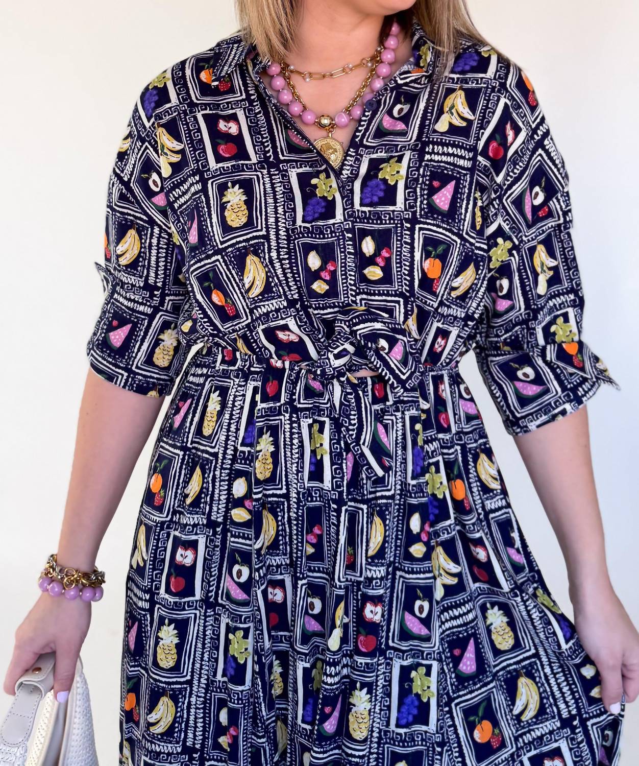 Karlie Italian Fruit Shirt Dress in blue multi - women's dress - alternate view