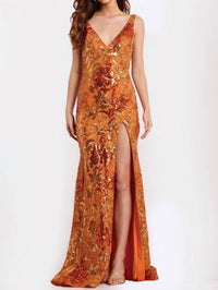 Jovani - Plunge Neck Sequin Floral Fitted Gown