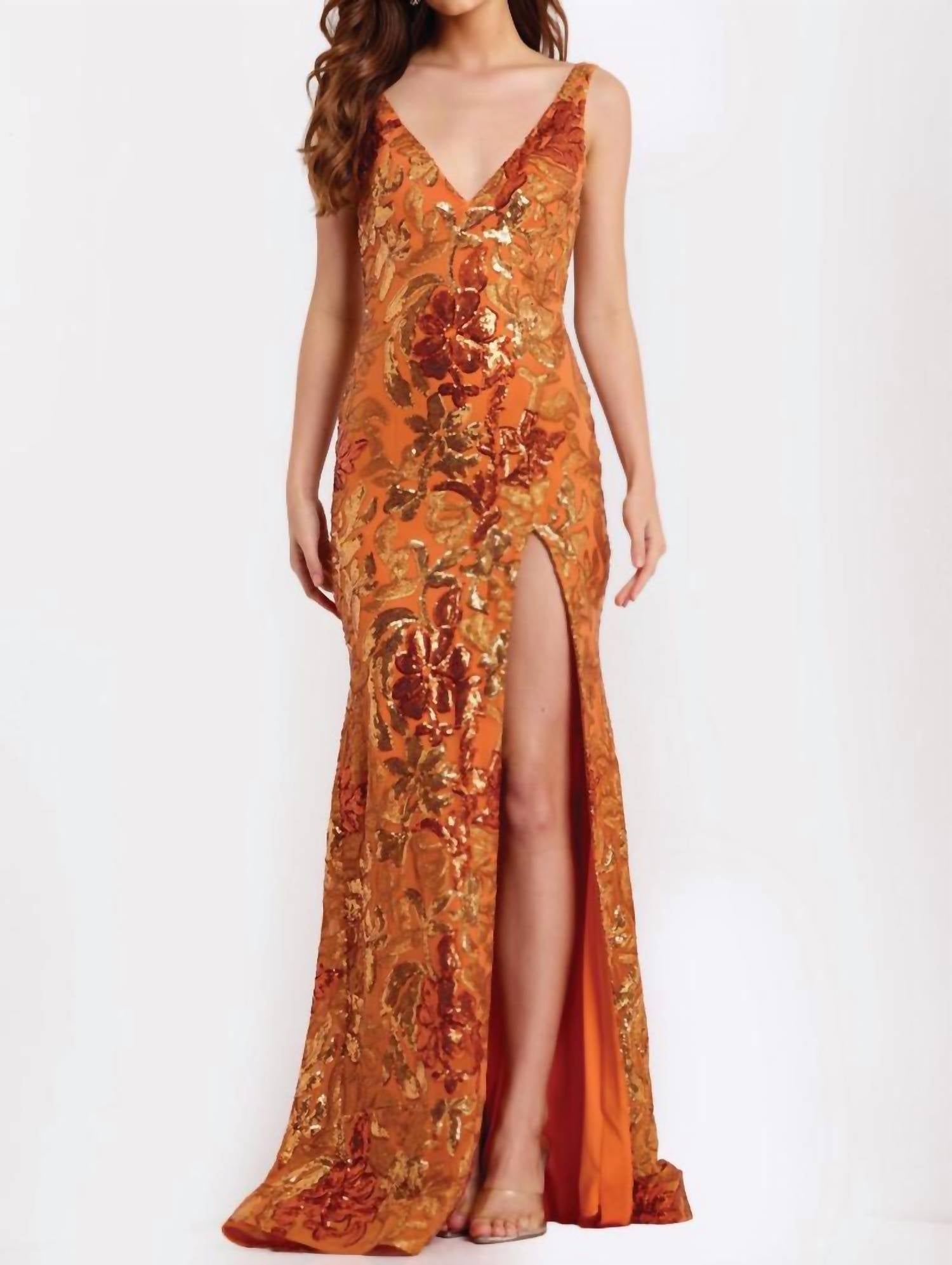 Jovani - Plunge Neck Sequin Floral Fitted Gown