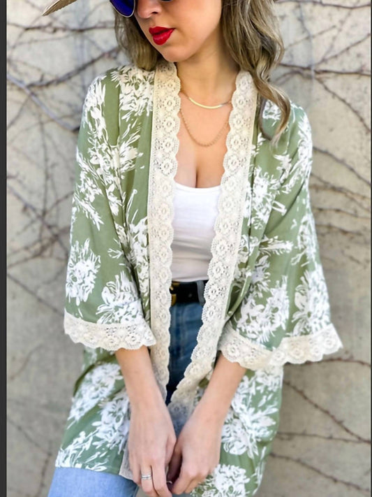 Amoli - Floral Kimono With Crochet Lace Trim