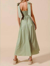 So Me Shirring Bow Tie Midi Dress in green - women's dress - detail view