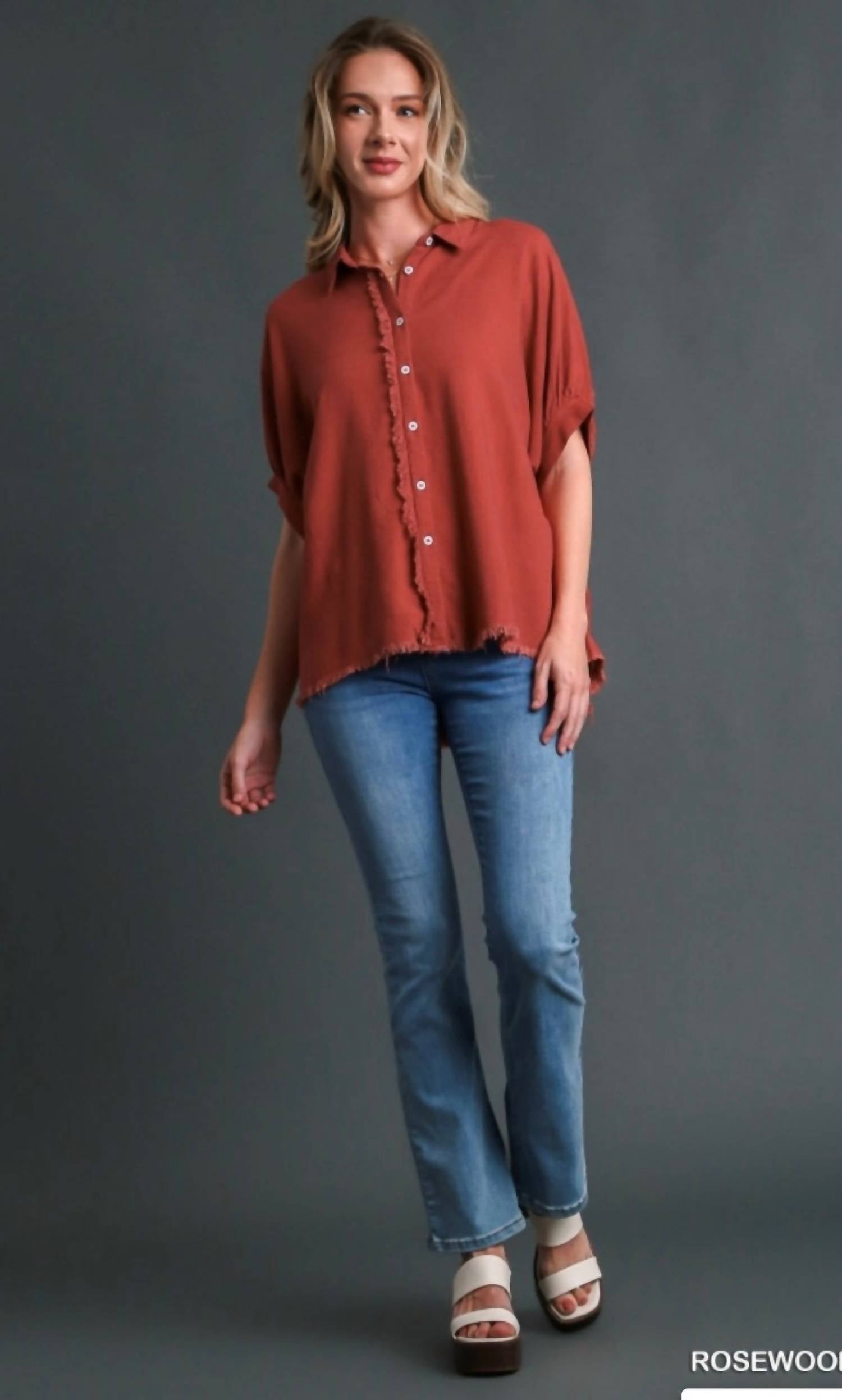 Umgee - Linen Blend Top With Frayed Placket