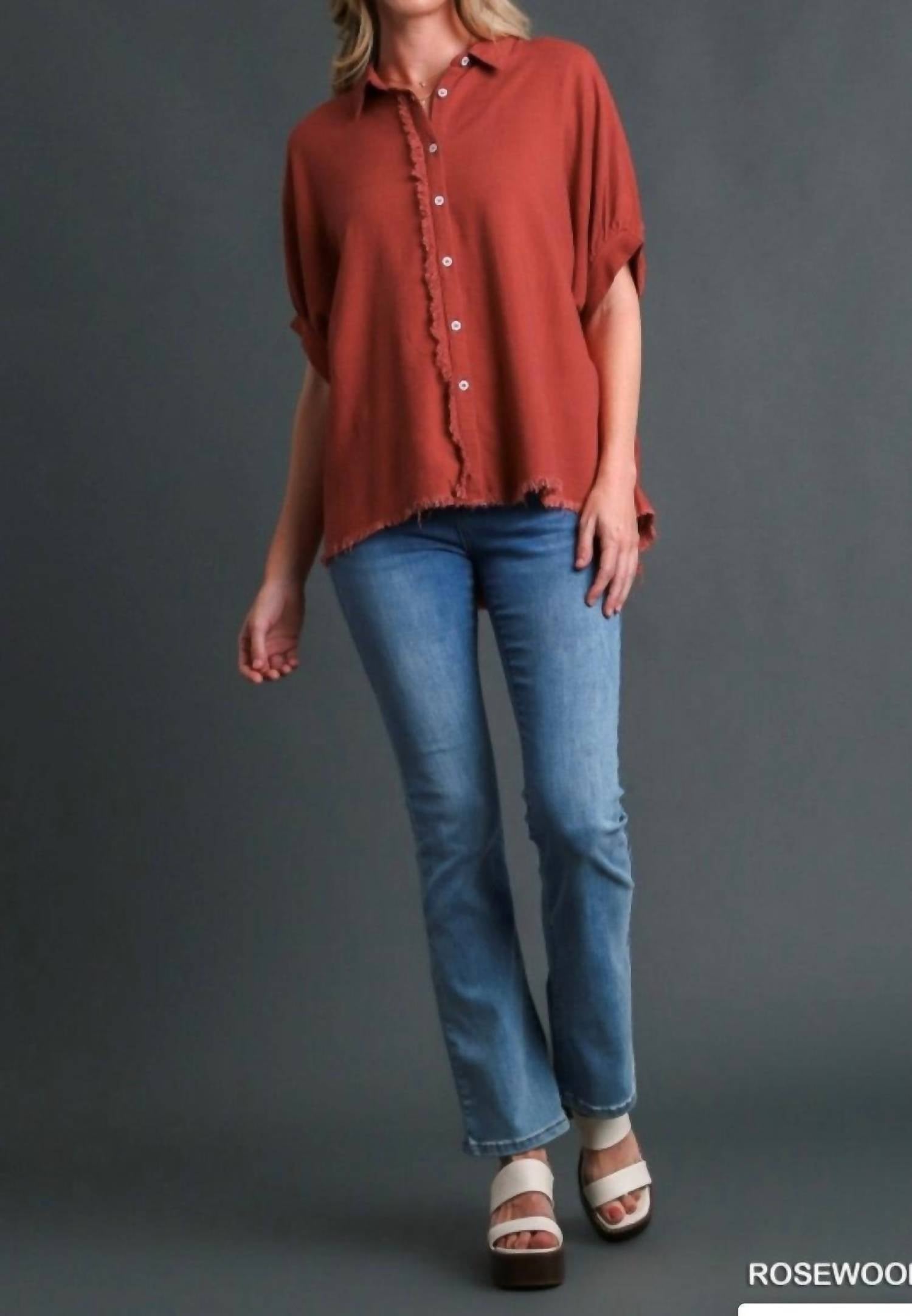 Umgee - Linen Blend Top With Frayed Placket