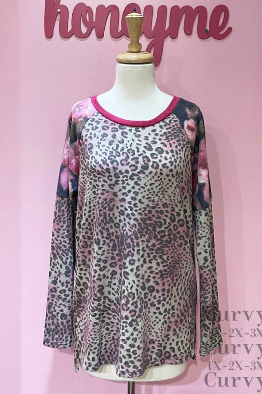 Leopard Bodice And Floral Sleeve Plus Top