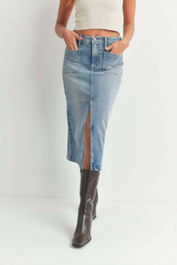 JUST BLACK DENIM Utility Midi Denim Skirt in medium wash - women's skirt