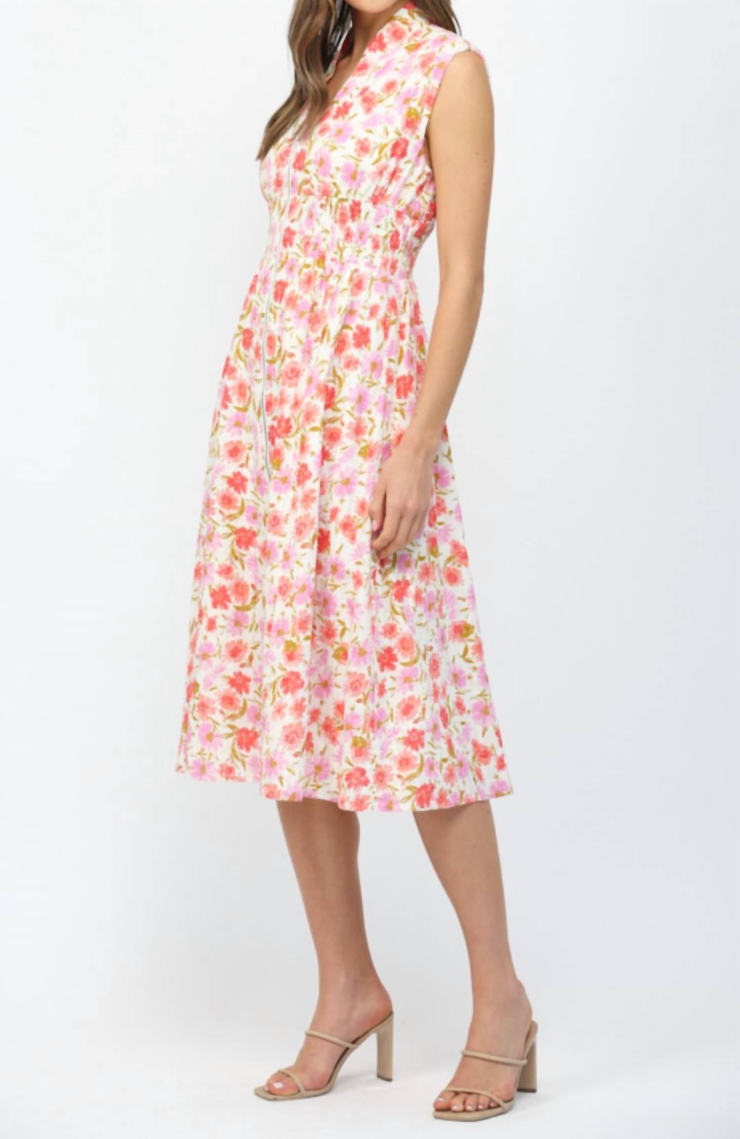 Fate - Women's Floral Print Jacquard Front Zip Closure Midi Dress