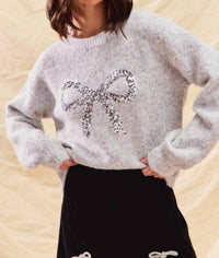 So Me Brent Bow Sequin Holiday Sweater Top in heather grey - women's sweater - alternate view