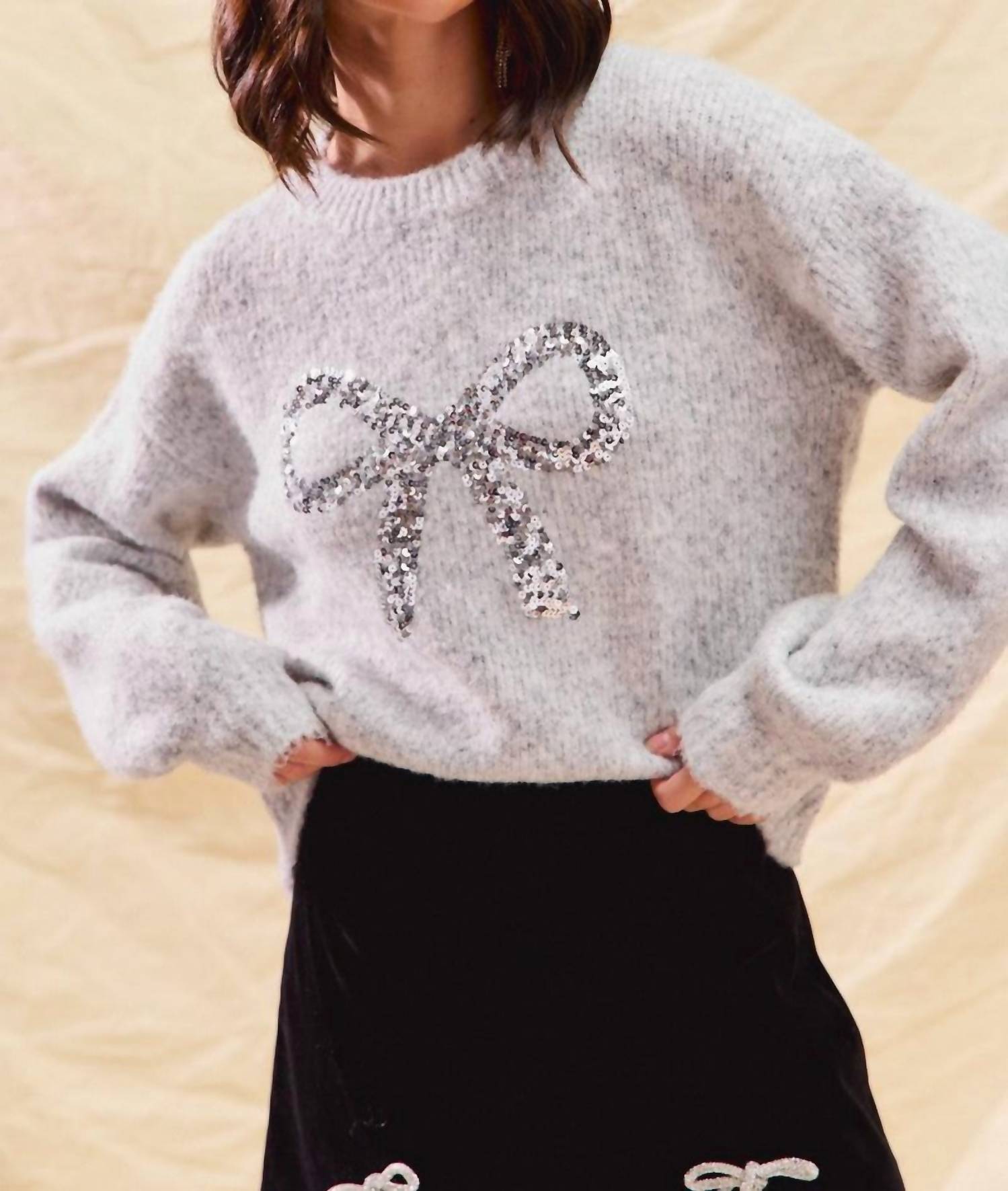 So Me Brent Bow Sequin Holiday Sweater Top in heather grey - women's sweater - alternate view