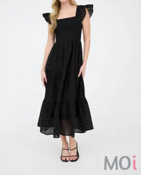 Mine - Eyelet Square Neck Smocked Tiered Midi Dress