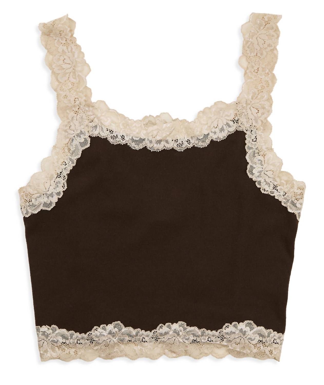8apart Junior Women's Fitch Floral Lace Strap Crop Cami in chocolate - women's shirt