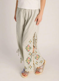 Miou Muse - Floral Embroidery Striped Pant