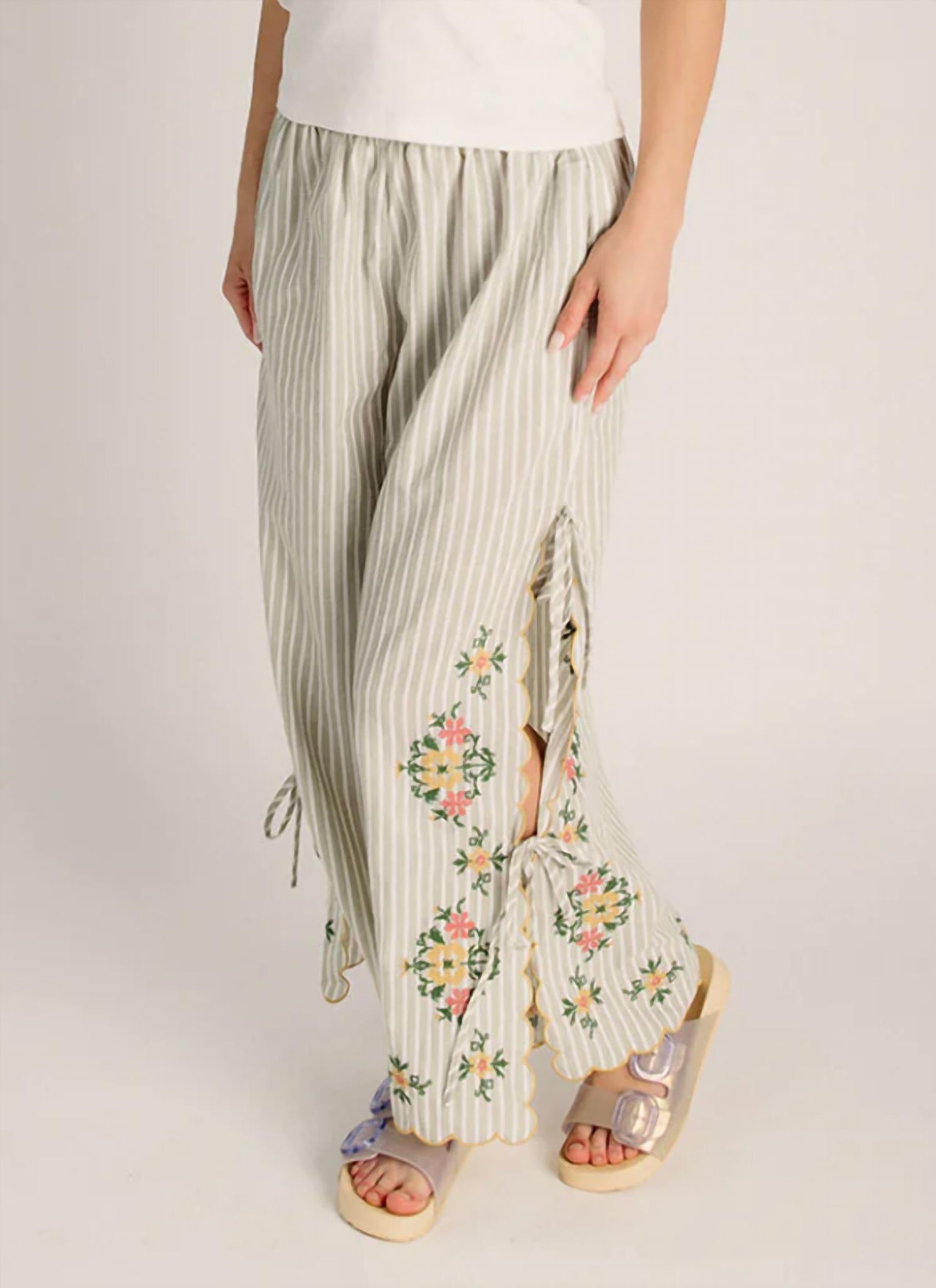 Miou Muse - Floral Embroidery Striped Pant