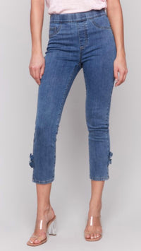 CHARLIE B Side Flower Crop Pants in medium blue - women's pants